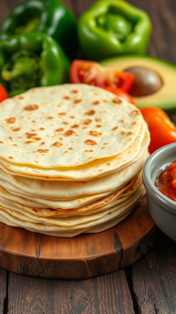 Whole30 Compliant Tortillas Recipe A stack of golden Whole30 tortillas with fresh vegetables and salsa on a wooden table.